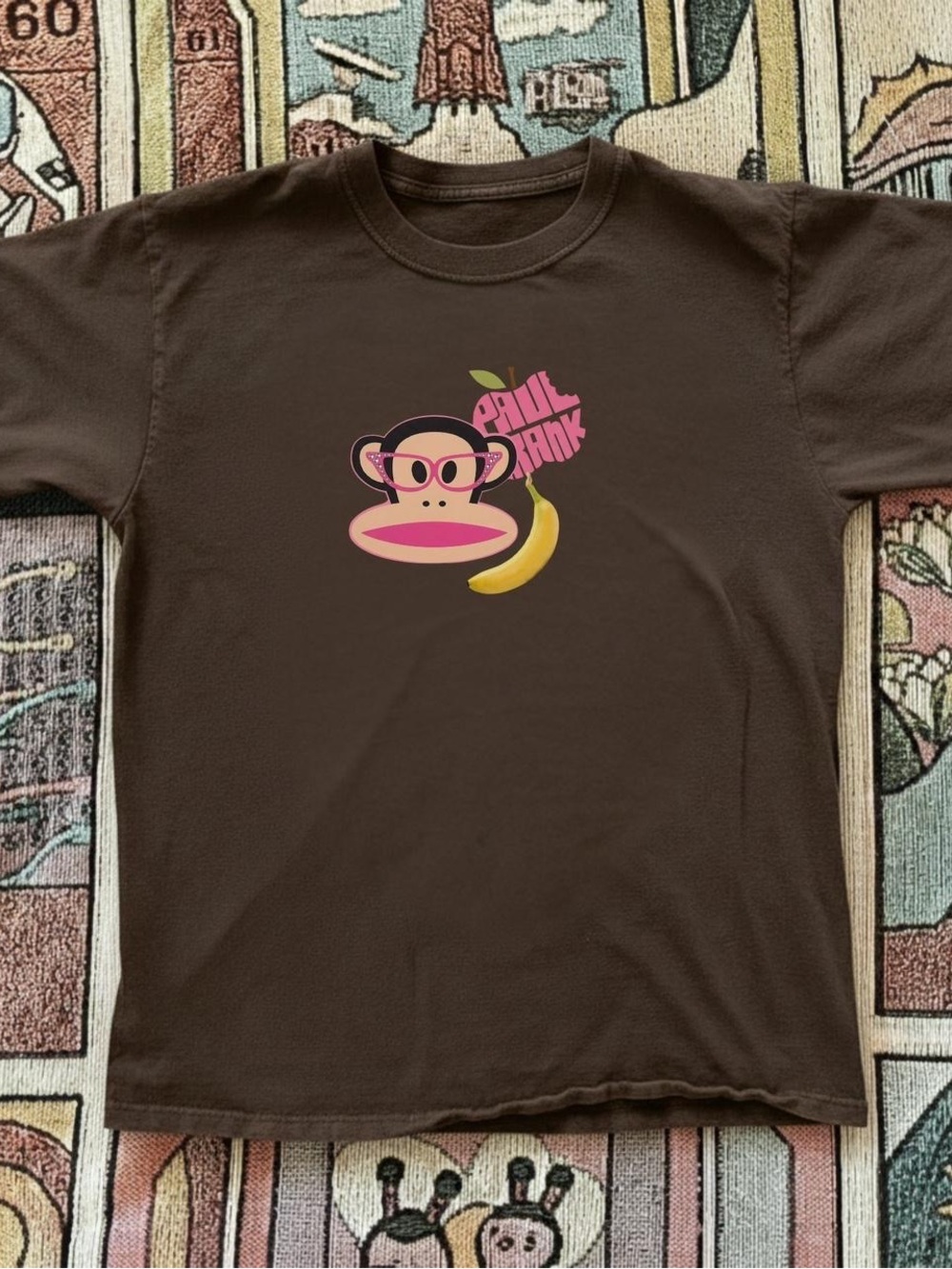Gildan Dark Chocolate Paul Frank Tee with Pink Monkey and Yellow Banana Graphic